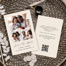 シンプルな3枚写真コラージュベージュの結婚式日程事前通知カード