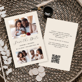 シンプルな3枚写真QRコード付きベージュのSave the Date