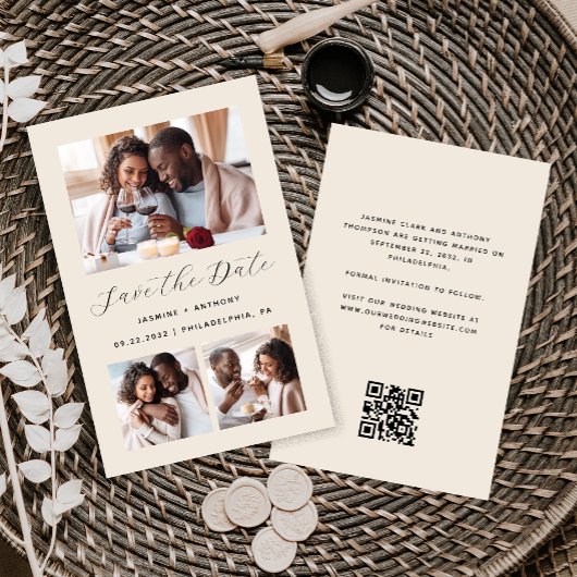 シンプルな3枚写真QRコード付きベージュのSave the Date