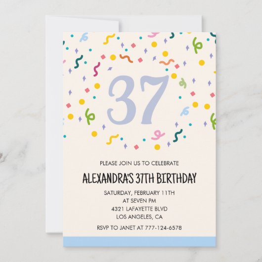 シンプルな37歳の誕生日招待状 コンフェティ モダン 招待状 (正面)