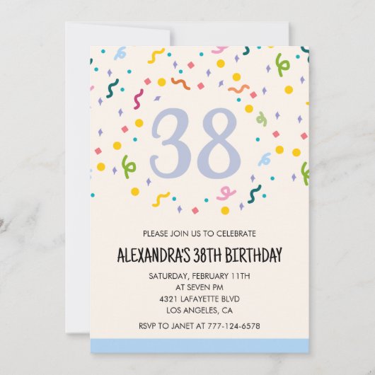 シンプルな38歳の誕生日パーティーの招待状 コンフェティ モダン 招待状 (正面)
