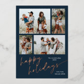 シンプルな4枚の写真コラージュスクリプト ハッピーホリデー 箔シーズンカード (正面)