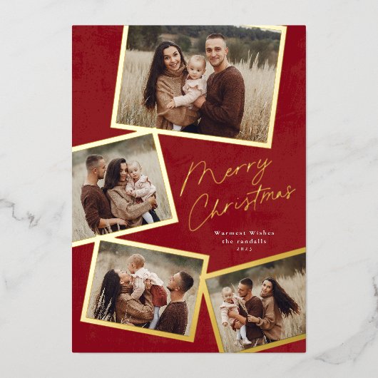 シンプルな4枚の写真コラージュスクリプト メリークリスマス 箔シーズンカード (正面)