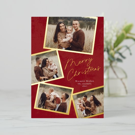 シンプルな4枚の写真コラージュスクリプト　メリークリスマス 箔シーズンカード (立ち正面)