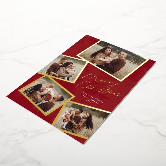 シンプルな4枚の写真コラージュスクリプト　メリークリスマス 箔シーズンカード (回転した状態)