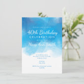 シンプルな40歳の誕生日パーティー 青い水彩画 招待状 (スタンド正面)