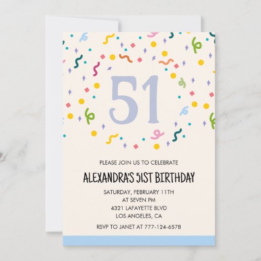 シンプルな51歳の誕生日招待状　コンフェティ モダン 招待状 (正面)