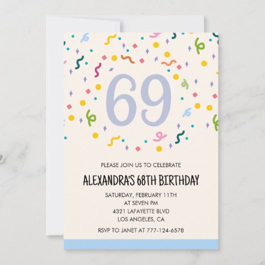 シンプルな69歳の誕生日パーティーの招待状 コンフェティ モダン 招待状 (正面)