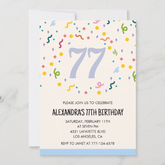 シンプルな77歳の誕生日招待状　コンフェティ モダン 招待状 (正面)