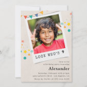 シンプルな9歳の誕生日招待状 青い写真 招待状 (正面)