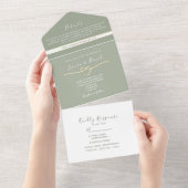 シンプルな Sage グリーンとゴールドの結婚式 オールインワン招待状 (貼ってはがせる)