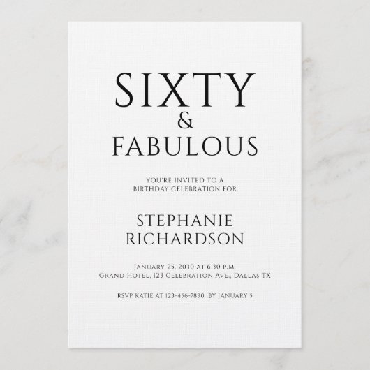 シンプルな「Sixty and Fabulous」60歳の誕生日パーティー 招待状 (正面)