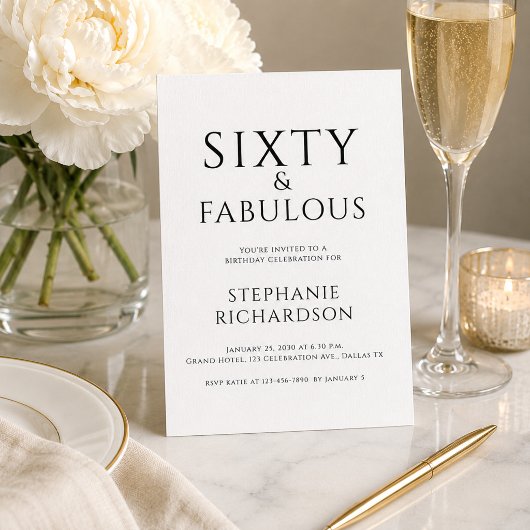シンプルな「Sixty and Fabulous」60歳の誕生日パーティー 招待状