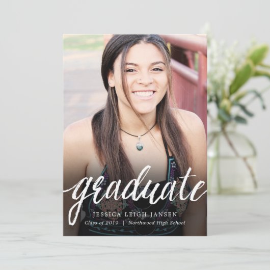 シンプルなHandletteringの写真の卒業の発表 案内状 (スタンド正面)