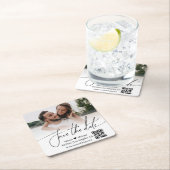 シンプルなQRコード カップル写真 保存日付 スクエアペーパーコースター (インサイチュ)