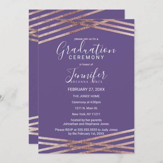 シンプルによって並べられるばら色の金ゴールドのすみれ色の卒業式 招待状 (正面/裏面)