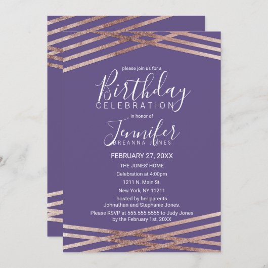 シンプルによって並べられるばら色の金ゴールドのすみれ色の誕生会 招待状 (正面/裏面)