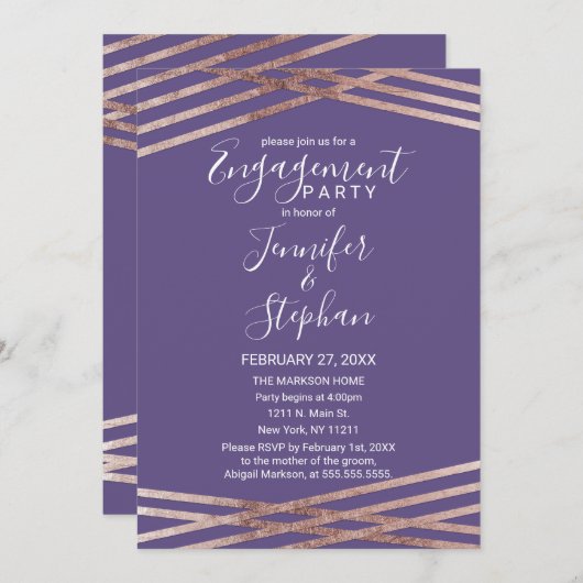 シンプルによって並べられるばら色の金ゴールドのバイオレットの婚約 招待状 (正面/裏面)