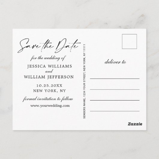 シンプルにエレガントな結婚式の日付写真を保存 ポストカード (裏面)