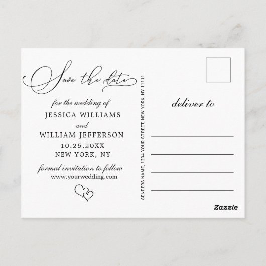 シンプルにエレガントな結婚式の日付写真を保存 ポストカード (裏面)