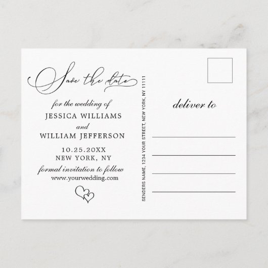 シンプルにエレガントな結婚式の日付写真を保存 案内ポストカード (裏面)