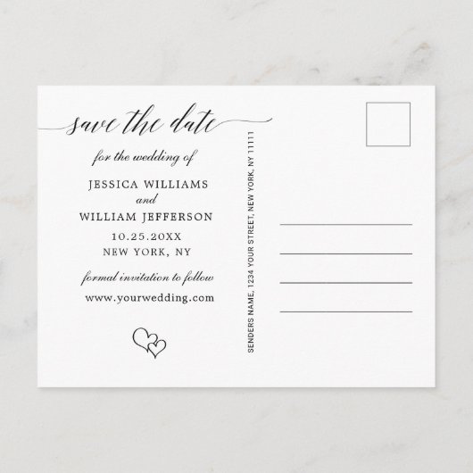 シンプルにエレガントな結婚式の日付写真を保存 案内ポストカード (裏面)