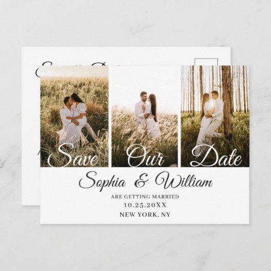 シンプルにエレガントな結婚式の日付3の写真を保存 案内ポストカード (正面/裏面)