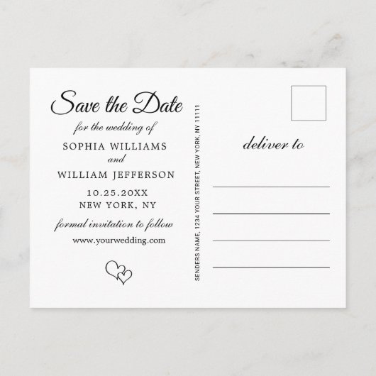 シンプルにエレガントな結婚式の日付3の写真を保存 案内ポストカード (裏面)