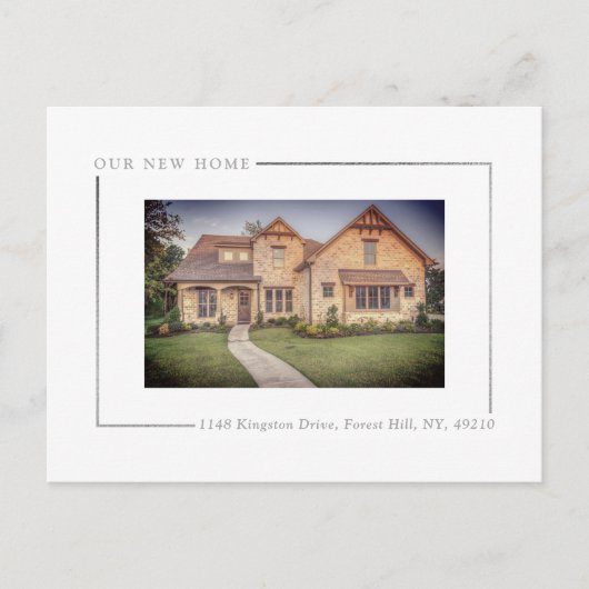 シンプルにシックなシルバーフォイル写真新しいホームムービング 案内ポストカード (正面)