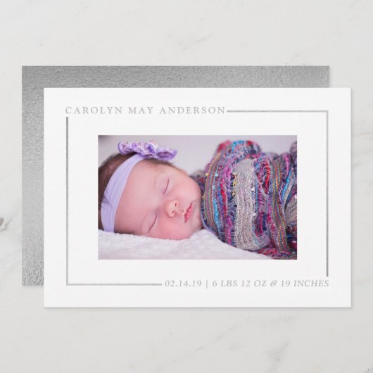 シンプルにシックなシルバーフォイル写真誕生のお知らせ 案内状 (正面/裏面)