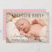 シンプルにシックなピンクの水玉模様誕生のお知らせ 案内状 (正面/裏面)