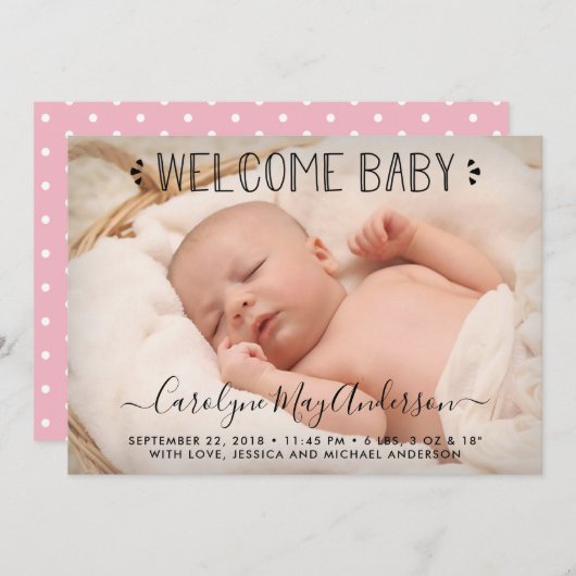 シンプルにシックなピンクの水玉模様誕生のお知らせ 案内状 (正面/裏面)