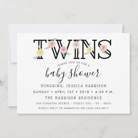 シンプルにシックなフローラガーデンツインズベビーシャワー 招待状 (正面)