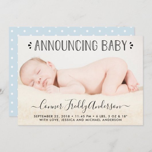 シンプルにシックなブルー水玉模様誕生のお知らせ 案内状 (正面/裏面)