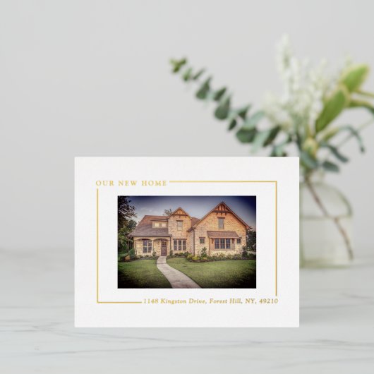 シンプルにシックな写真の新しいホームムービング実在 箔招待状ポストカード (立ち正面)