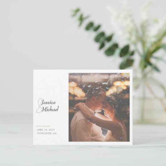 シンプルにシックな写真カスタムウェディング日付を保存 案内ポストカード (スタンド正面)