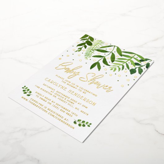 シンプルにシックな緑と金ゴールドベビーシャワー実在 箔招待状 (回転した状態)