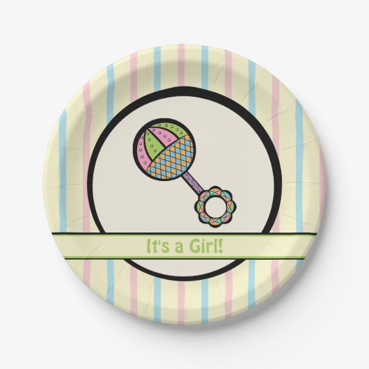 シンプルに甘いラトル赤ちゃんシャワー紙プレート ペーパープレート (正面)