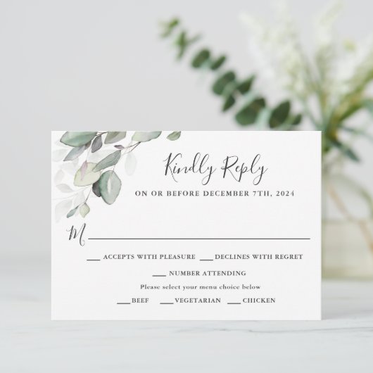 シンプルに美しい結婚式RSVPと食事の選択肢 出欠カード (スタンド正面)