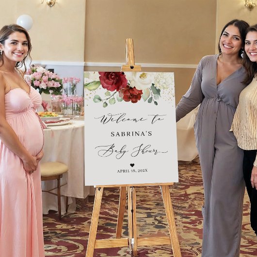 シンプルに美しい赤い白フローラ赤ちゃんのシャワーのサイン ポスター