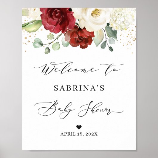 シンプルに美しい赤い白フローラ赤ちゃんのシャワーのサイン ポスター (正面)