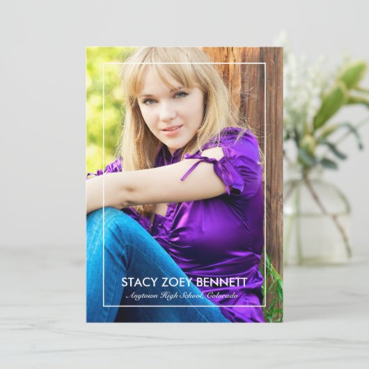 シンプルに額縁の1枚の写真の卒業発表 案内状 (スタンド正面)