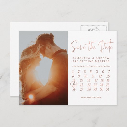 シンプルのばら色の金ゴールドの写真のカレンダーの保存日付 案内ポストカード (正面/裏面)