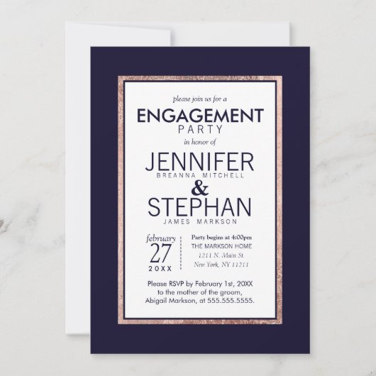 シンプルのばら色の金ゴールドは濃紺の婚約パーティを並べました 招待状 (正面)