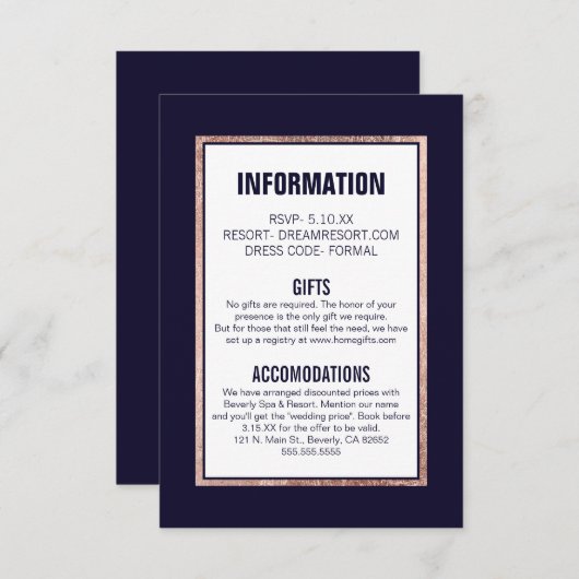 シンプルのばら色の金ゴールドは濃紺の結婚式の詳細を並べました エンクロージャーカード (正面/裏面)