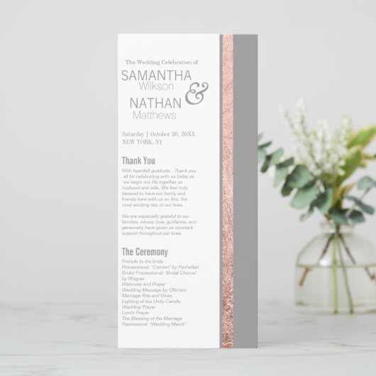 シンプルのばら色の金ゴールドフレームのスレートグレーの結婚式 プログラム (スタンド正面)