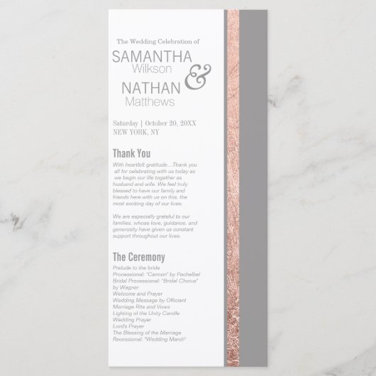 シンプルのばら色の金ゴールドフレームのスレートグレーの結婚式 プログラム (正面)