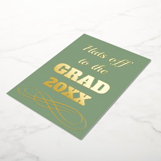 シンプルの上品なセージ緑の帽子が卒業までオフ 箔招待状 (回転した状態)