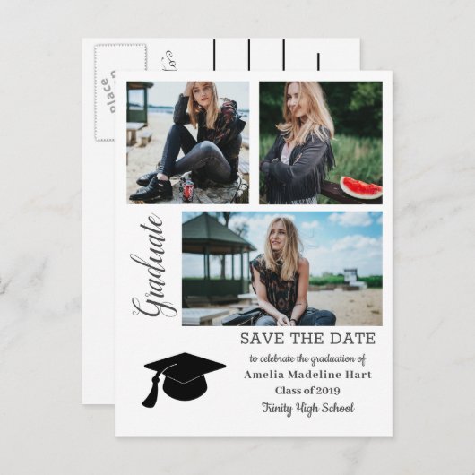 シンプルの卒業生|の保存日付の卒業生の帽子の写真 案内ポストカード (正面/裏面)