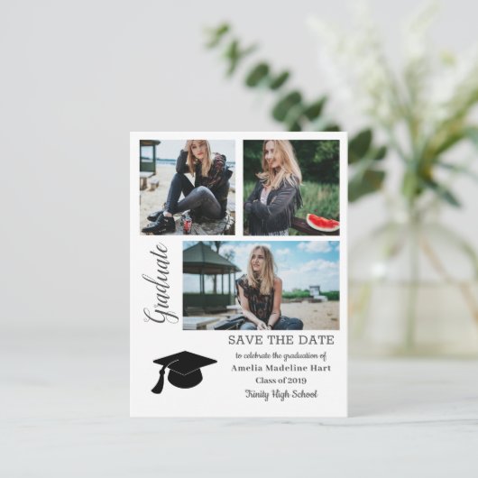 シンプルの卒業生|の保存日付の卒業生の帽子の写真 案内ポストカード (スタンド正面)